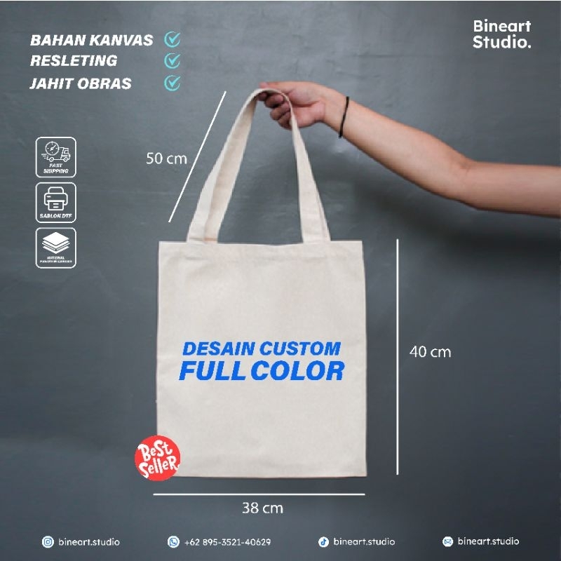 Tote bag Custom Kanvas Tebal Premium | Resleting | Perekat