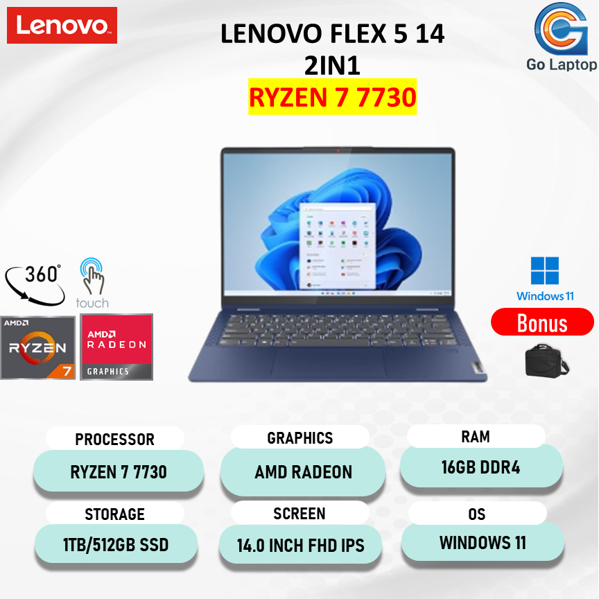 LENOVO FLEX 5 14 2IN1 TOUCH RYZEN 7 7730 Ram 16GB 1TB W11 14.0" Fhd Ips