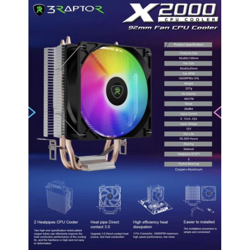 CPU Cooler 3PowerUp Raptor X2000 RGB 92mm Fan CPU Cooler