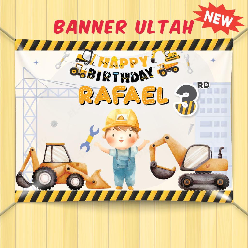 Banner Ulang Tahun Konstruksi Excavator Buldoser Spanduk Custom Nama Ultah Backdrop Birthday Jumbo