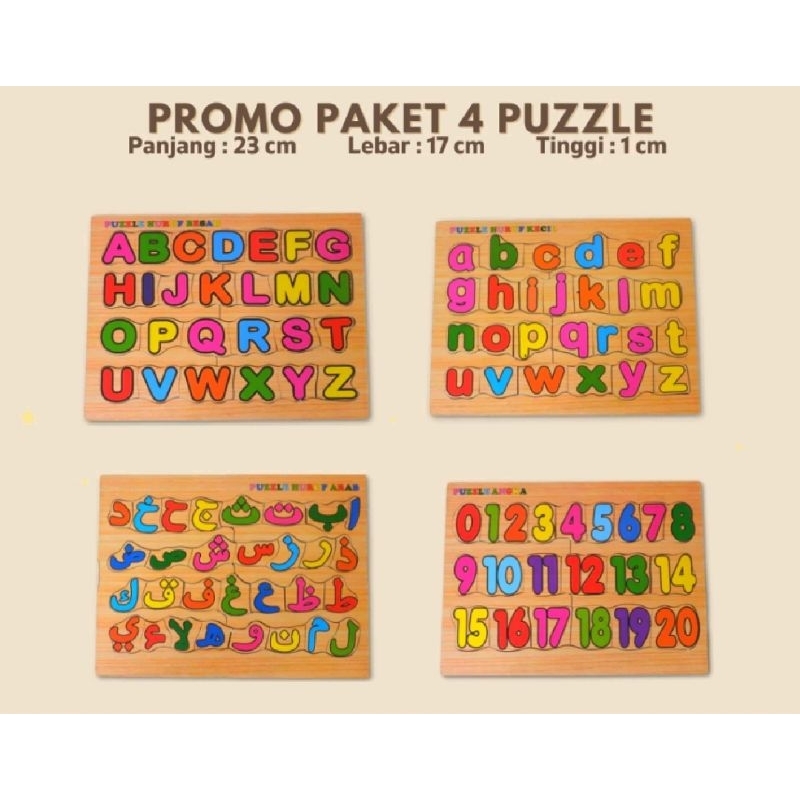 Sa1 4 Paket puzzle kayu bongkar pasang edukasi anak Huruf besar, Kecil, Hijaiyah dan angka