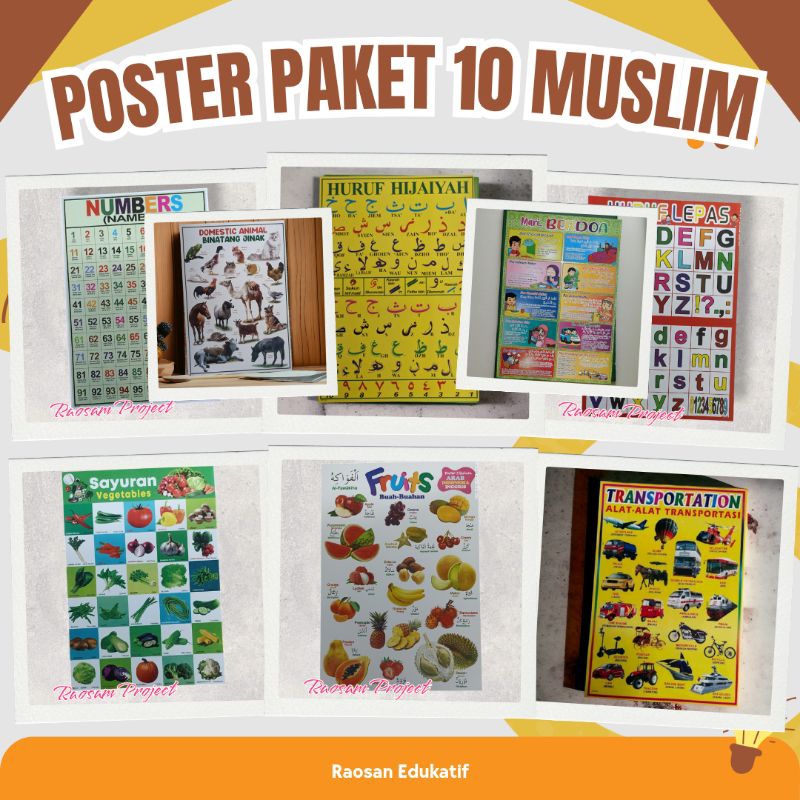 Paket 10 Poster Edukasi Anak Lengkap Belajar Gambar Dinding Estetik Buah Sayur Angka Binatang Huruf