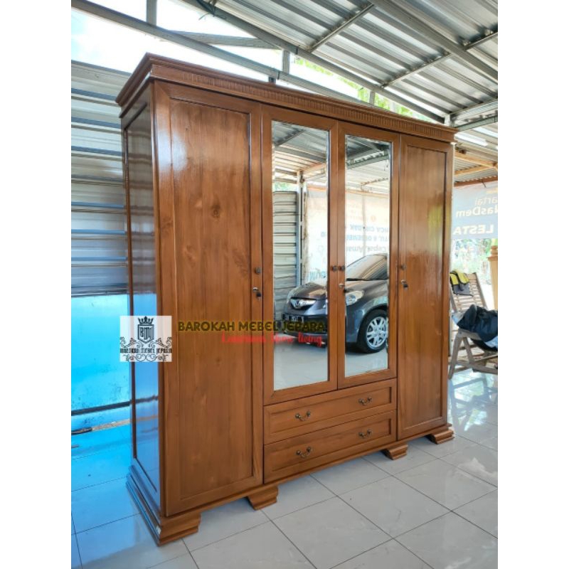 Lemari Pakaian 4 pintu Jati minimalis Pintu kaca cermin