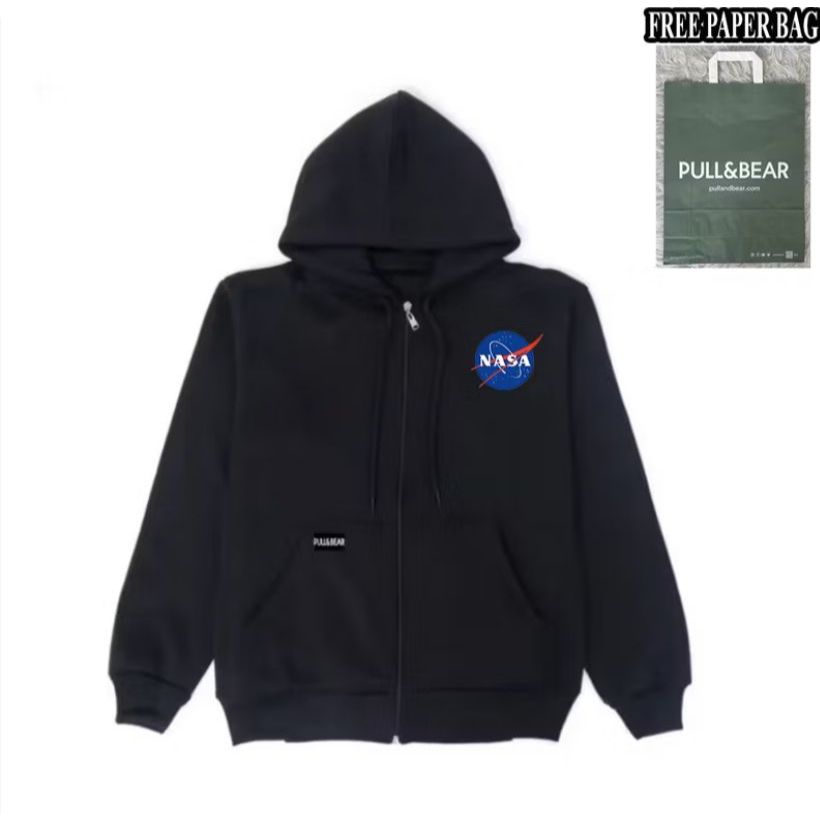 {FREE PAPER BAG} HOODIE ZIPPER HITAM PULL AND BEAR X NASA BASIC PRIA - WANITA PREMIUM QUALITY