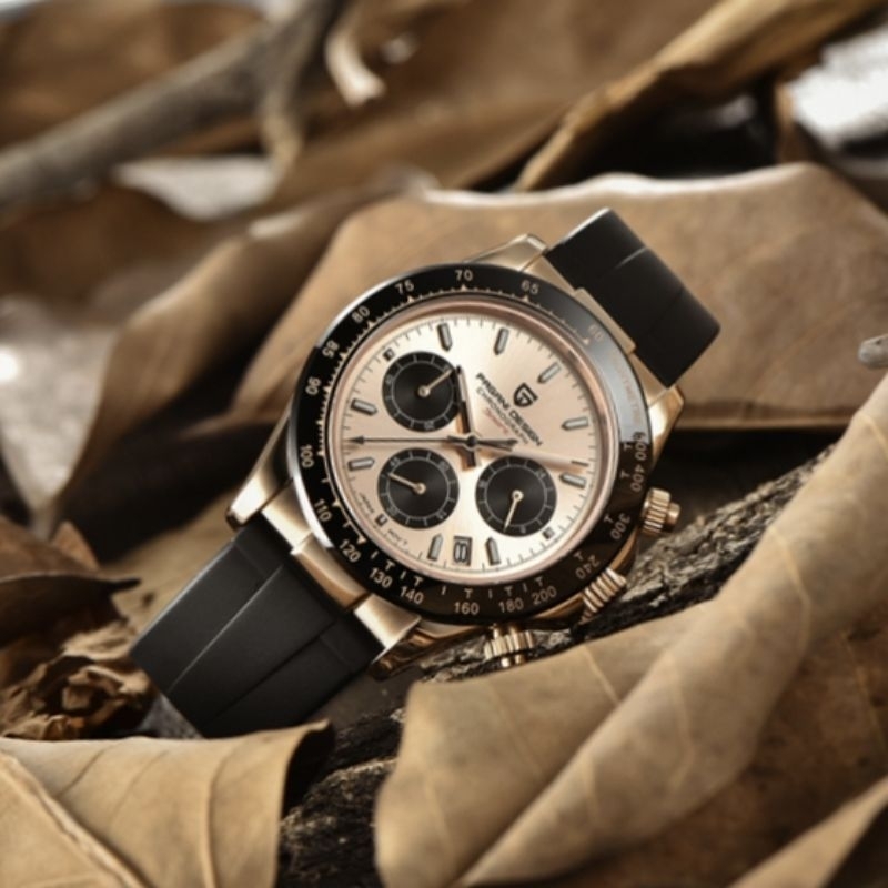 NEW PAGANI DESIGN DAYTONA PANDA GOLD SEIKO VK63 MECAQUARTZ SAFIR + AR COATING CERAMIC BEZEL STEEL SO