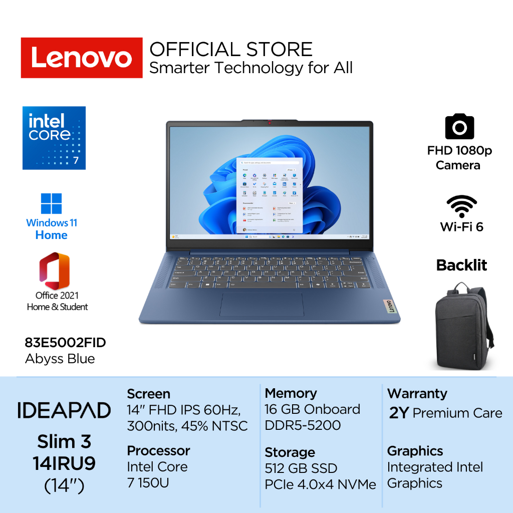 Lenovo IdeaPad Slim 3i 14IRU9 Intel Core 7 150U Win11 16GB Soldered 512GB SSD 14" FHD IPS 300nits 60