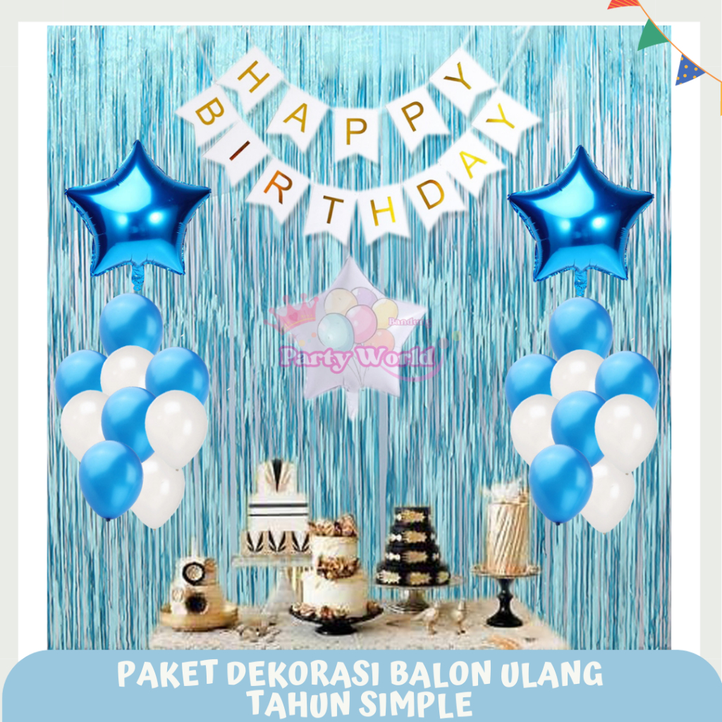 Paket Dekorasi Balon Ulang Tahun Simple 3 Bintang / Biru Putih / Biru Silver