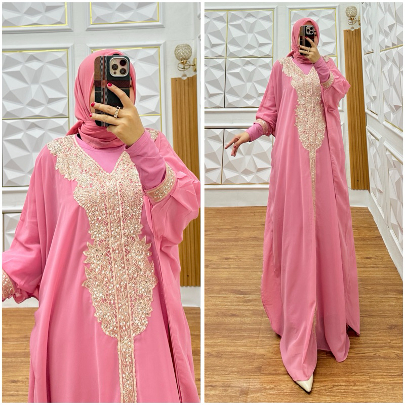 ALDI BUSANA - (SALE) Gamis Kaftan Bordir Naila Ceruty Babydoll Set Gamis Manset Muslim Wanita Dewasa