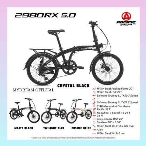 SEPEDA LIPAT PACIFIC 2980 RX 5.0 BONCENGAN UKURAN 20 INCH REM CAKRAM SHIMANO 7 SPEED,SEPEDA READY SE