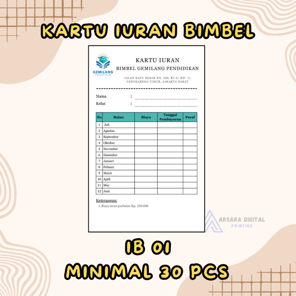 

kartu iuran bimbel bulanan