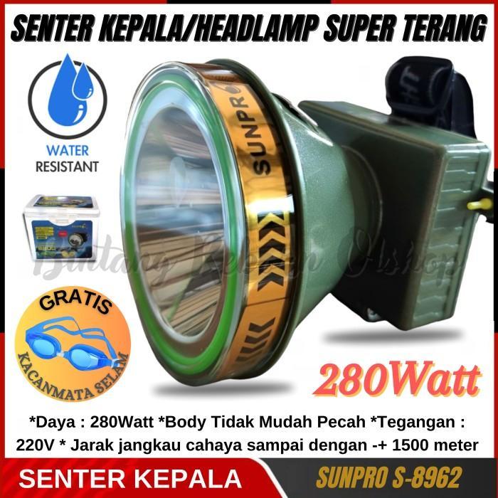 Senter Kepala LED Selam Diving 280 Watt Sunpro S-8962 Cahaya Putih Batre 5000mAh Tahan Hingga 12 Jam