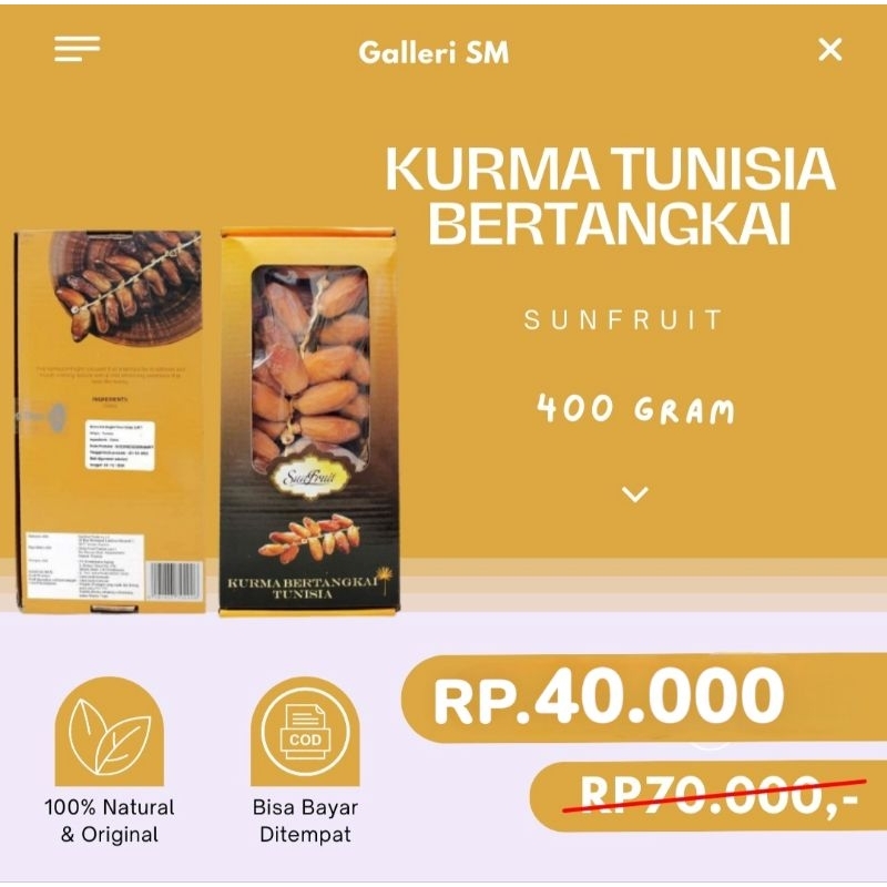 

Kurma Tunisia Tangkai Sun Fruit 400gr Korma Bertangkai Dates Organik