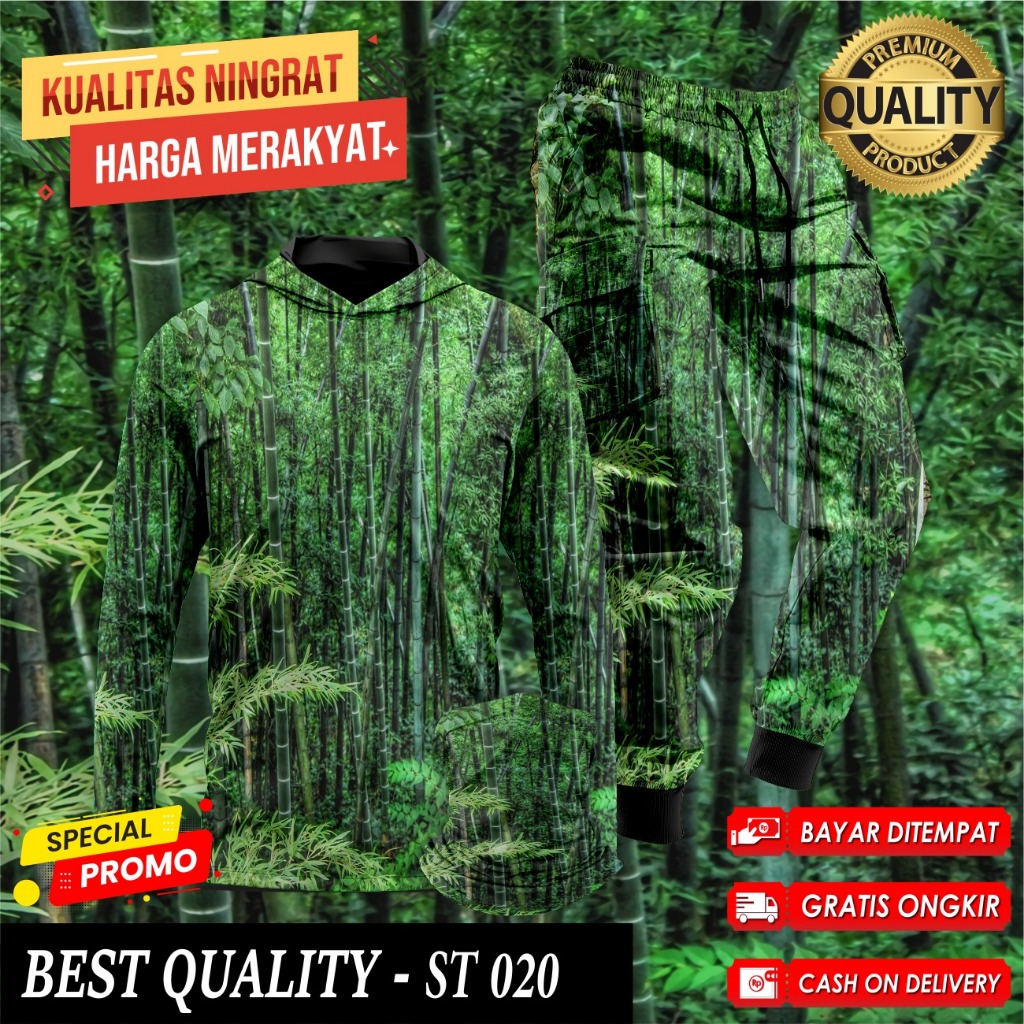 Setelan Baju Camo Hoodie Berburu Hunting Baju Berburu Hutan Kamuflase 1 Set Buff Celana Camo ST-020