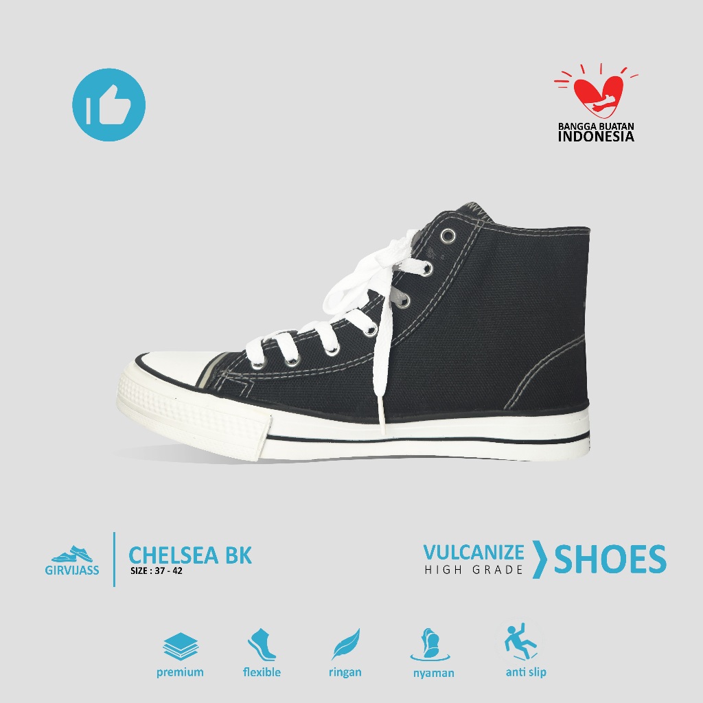 GIRVI Chelsea Vulcanize - Sepatu Sneakers Jass Kanvas Hitam Vulcanized Shoes Black