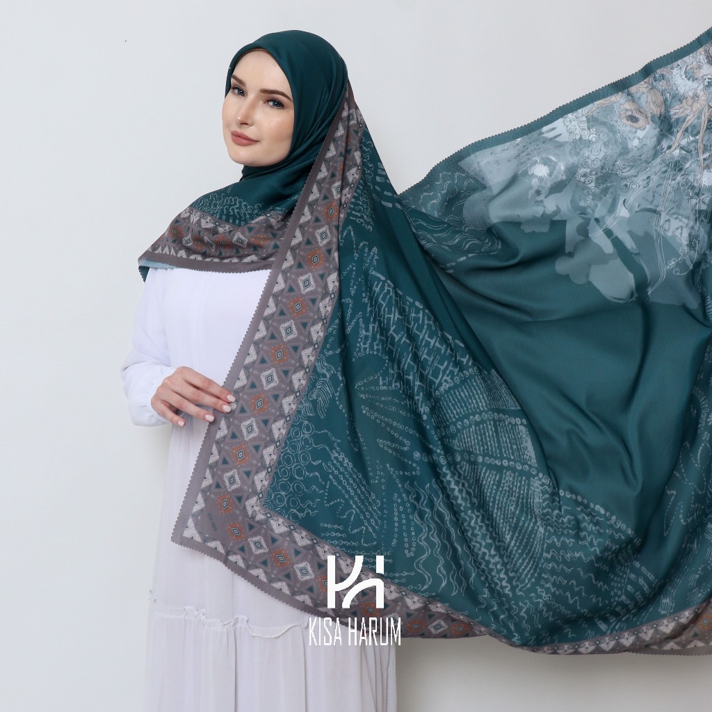 KISA - Hijab segi empat motif hijau botol ukuran SYAR'I
