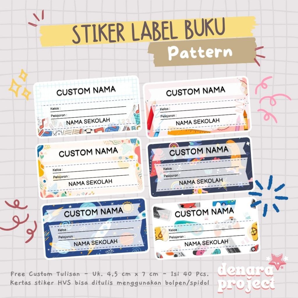 

40 Pcs Stiker Label Nama Buku Pelajaran - Label Nama Aesthetic - Stiker Nama Motif Pattern
