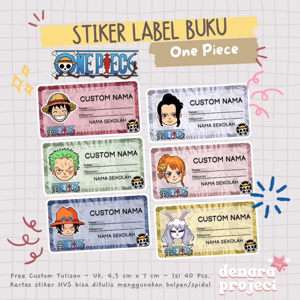 

40 Pcs Stiker Label Nama Buku One Piece - Stiker Nama Buku Pelajaran - Stiker One Piece
