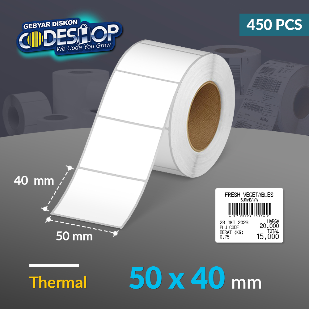 

Codeshop Kertas Label Thermal Timbangan 50x40 / 50 x 40 mm / 50x40mm 1 Line Isi 450 Pcs