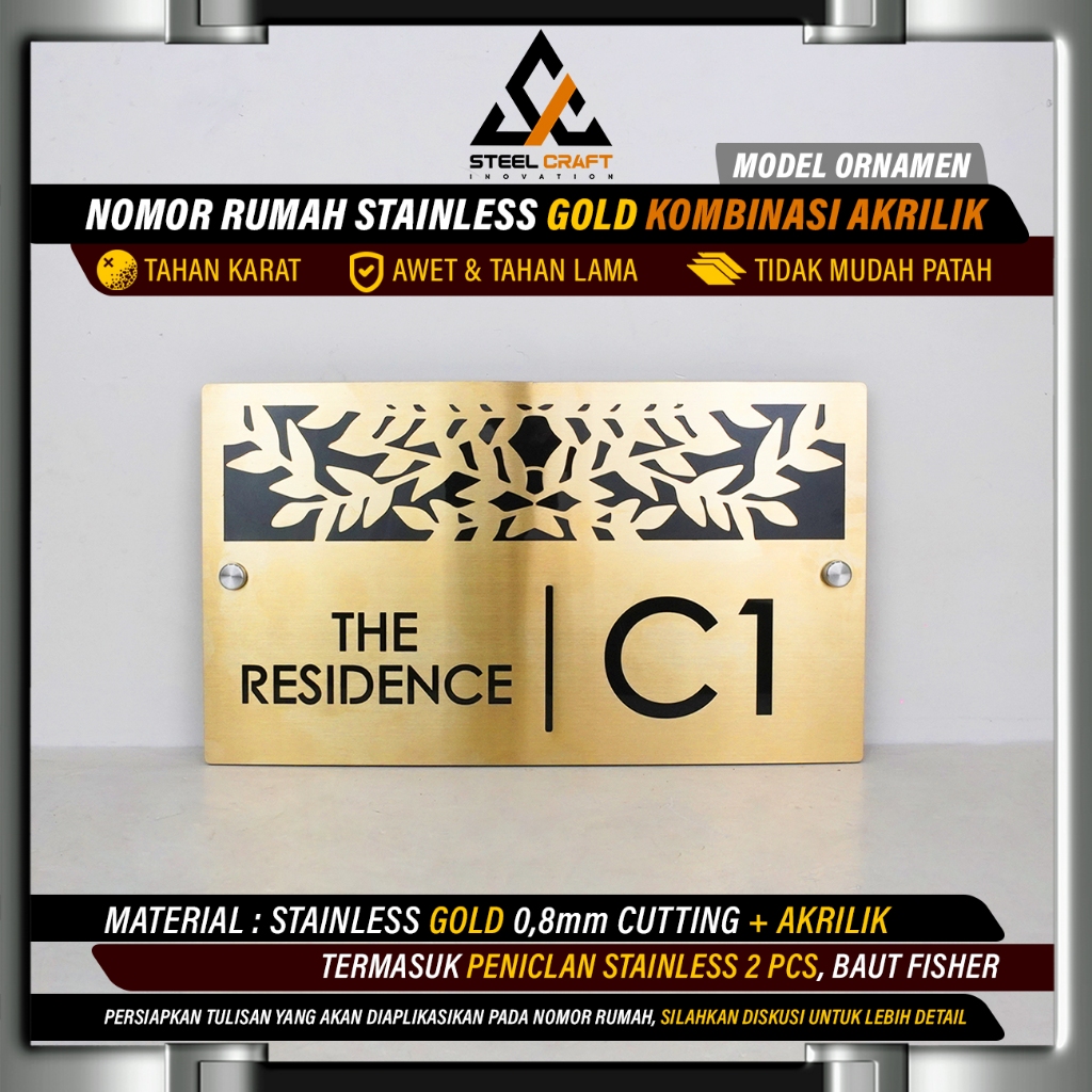 Nomor Rumah Stainless Steel Gold Ornament Kombinasi Akrilik