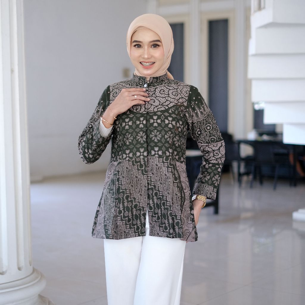 ATASAN KEMEJA BLOUSE KERJA WANITA BAHAN PRIMIUM WARNA HIJAU BOTOL LAPIS TRICOT BAHAN KATUN HALUS ATA