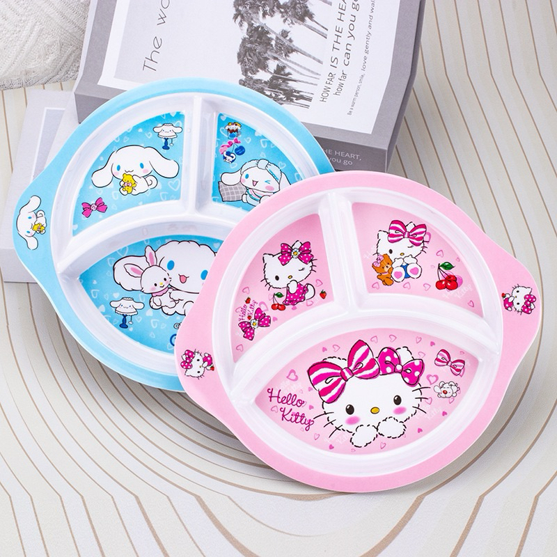 Piring Makan Anak Melamin Sekat 3 (Circle) Alat Makan Melamin Kuromi Melody Cinnamoroll Shincan