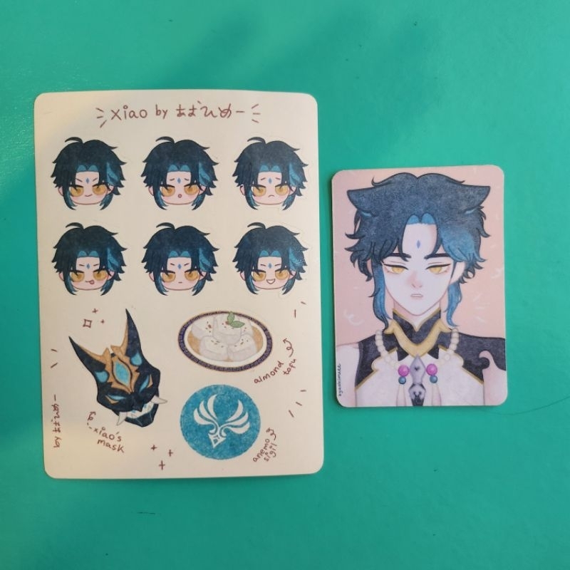 xiao genshin glitter photo card & sticker bundle, mihoyo hoyoverse genshin impact xiao hsr
