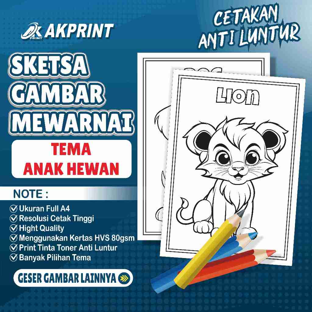 KERTAS SKETSA GAMBAR MEWARNAI TEMA ANAK HEWAN