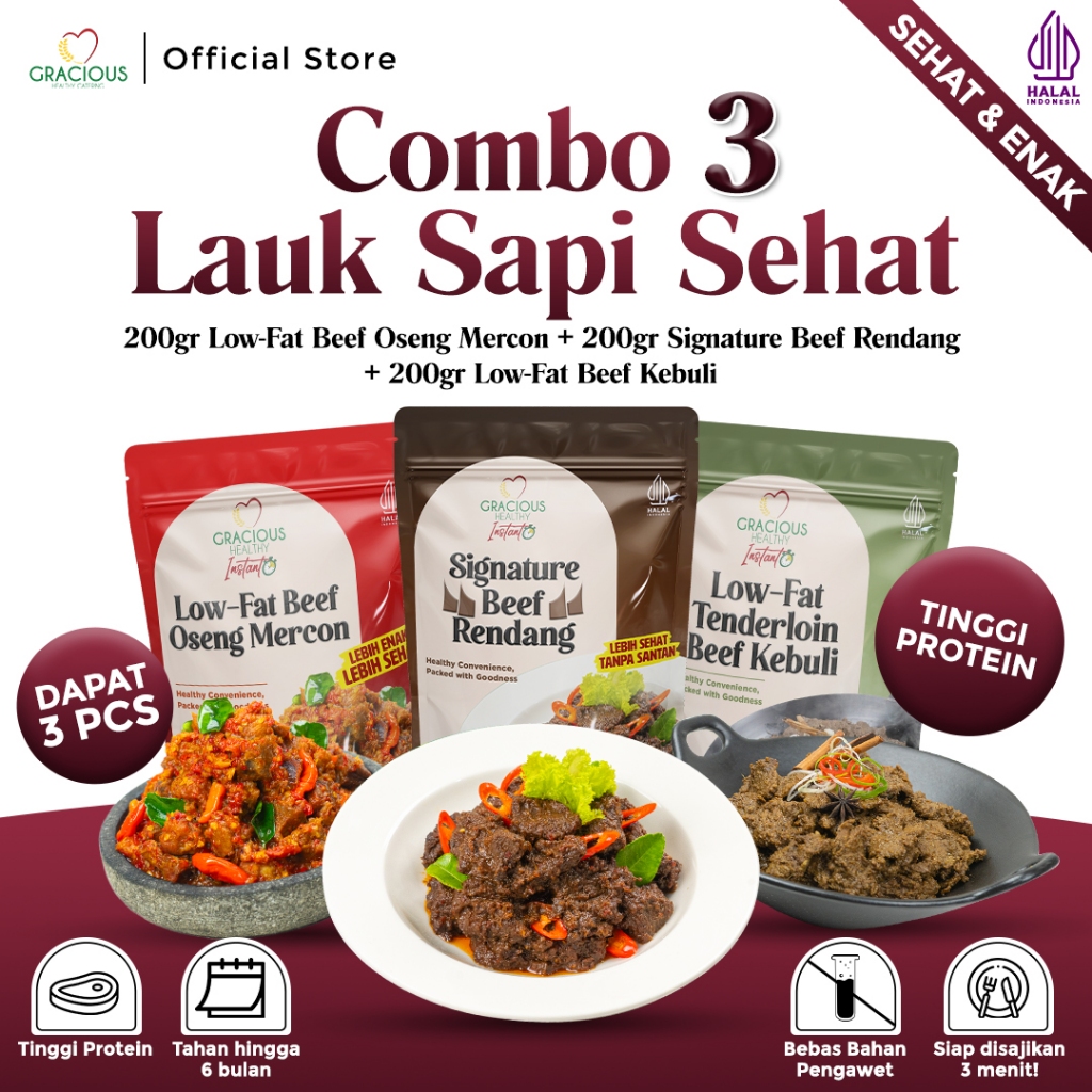 

Gracious Combo 3 Lauk Sapi Sehat | Beef Oseng Mercon + Beef Rendang + Low-Fat Beef Kebuli || 200gr