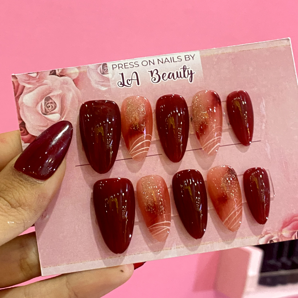 press on nails ,kuku palsu tempel,kuku palsu warna merah maroon,nailart merah aroon,nailart narble,p