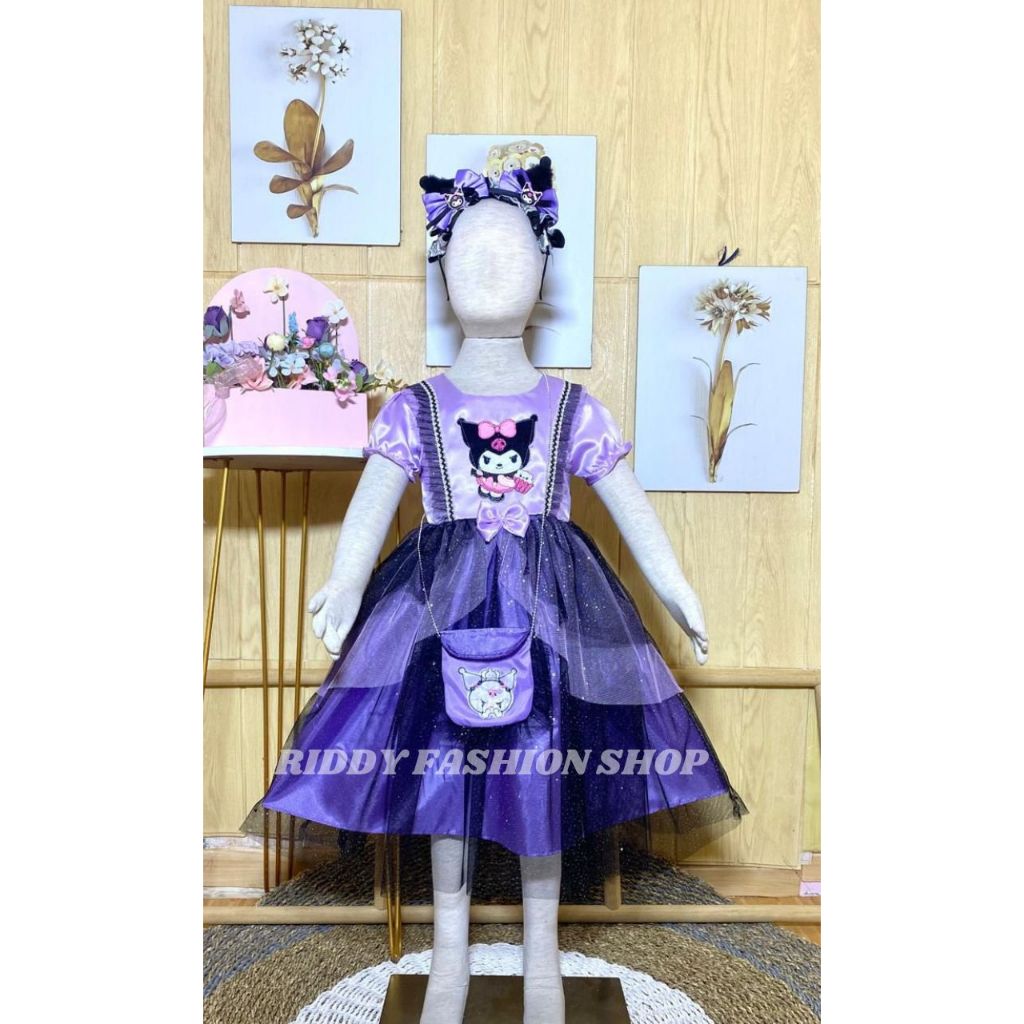 NEW - DRESS KUROMI TILLA HITAM ANAK PEREMPUAN USIA 3 - 8 TAHUN / GAUN PESTA KARAKTER - BAJU DRESS UL