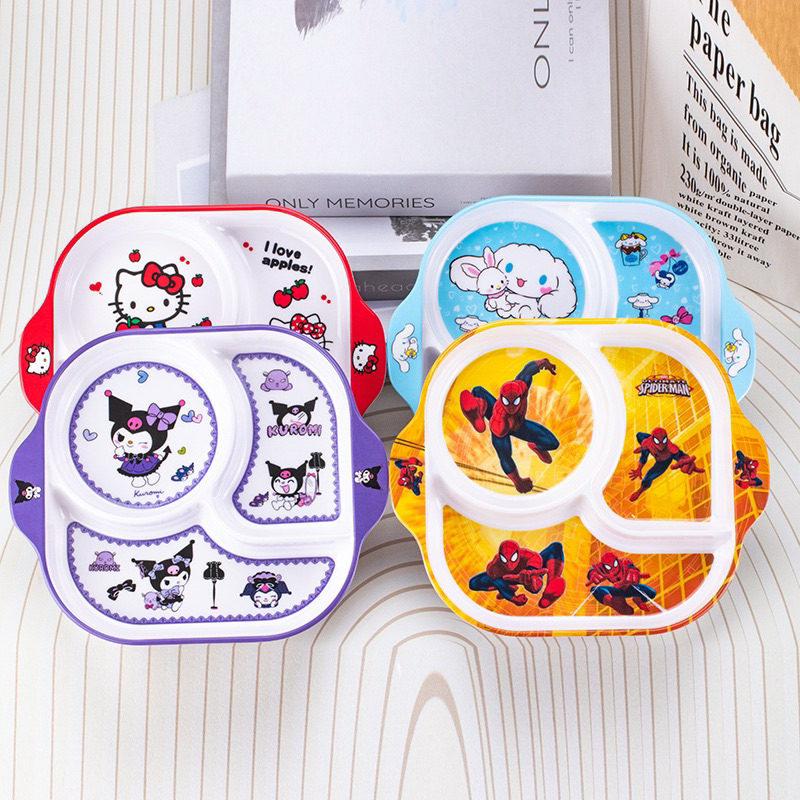 Piring Makan Anak Melamin Sekat 3 (Square) Alat Makan Melamin Kuromi Melody Pokemon Frozen Hello