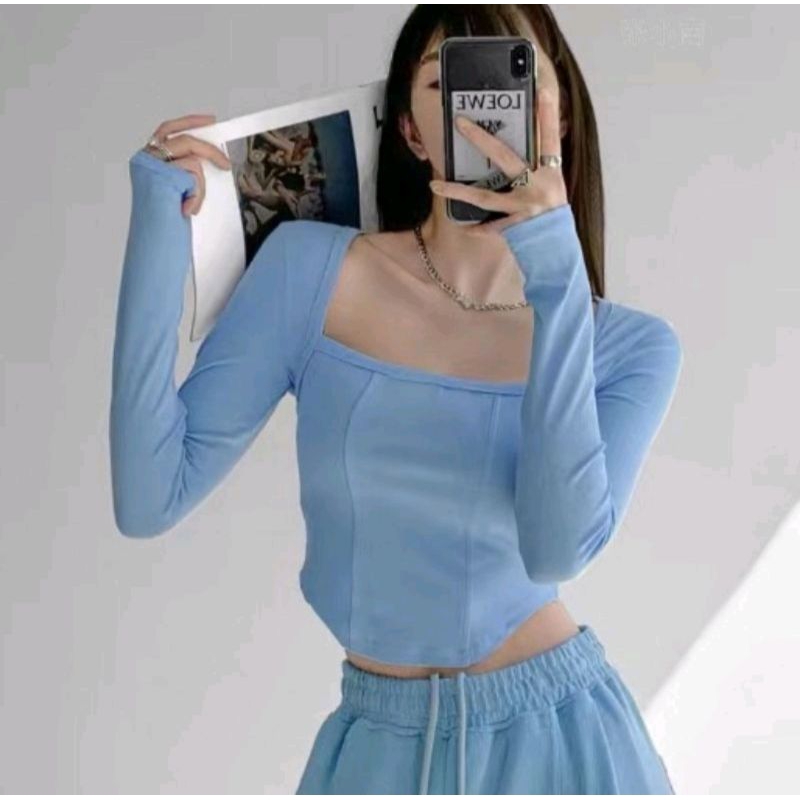 Crop Top Long Sleeve Korea Kaos Crop Lengan Panjang