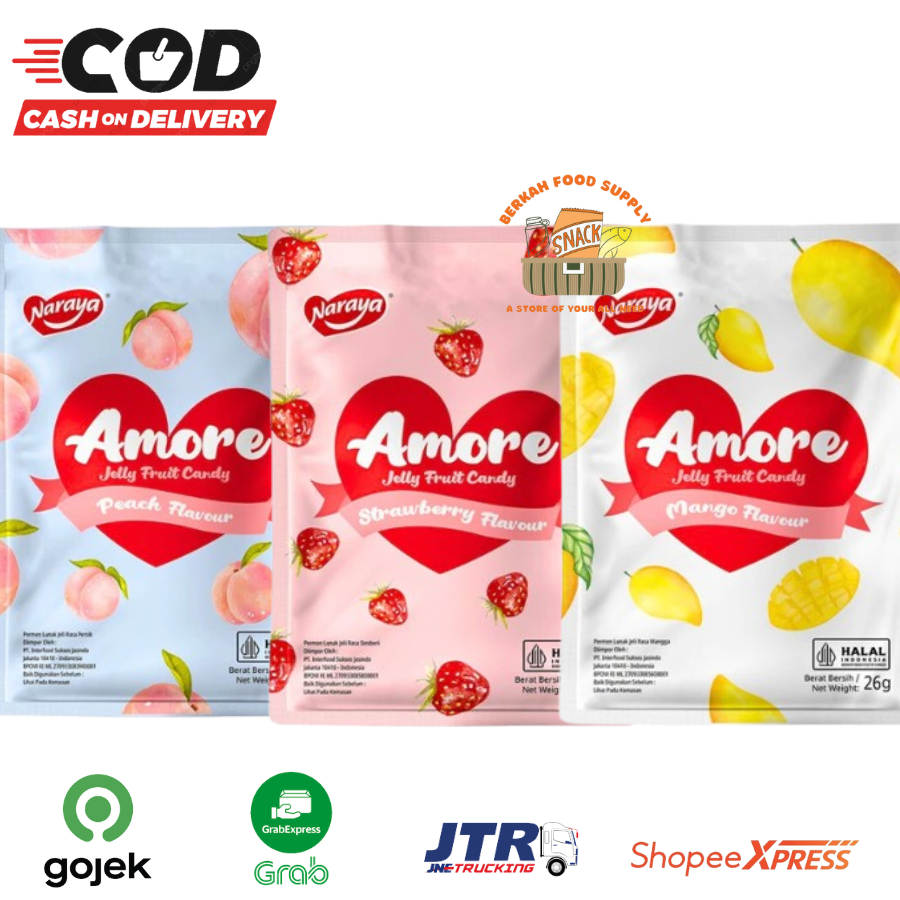 

[ BERKAH ] Naraya Amore Jelly Fruit Candy 26gr Mango Strawberry Peach Jelly Buah Permen Jelli Lunak Snack Cemilan Anak Halal