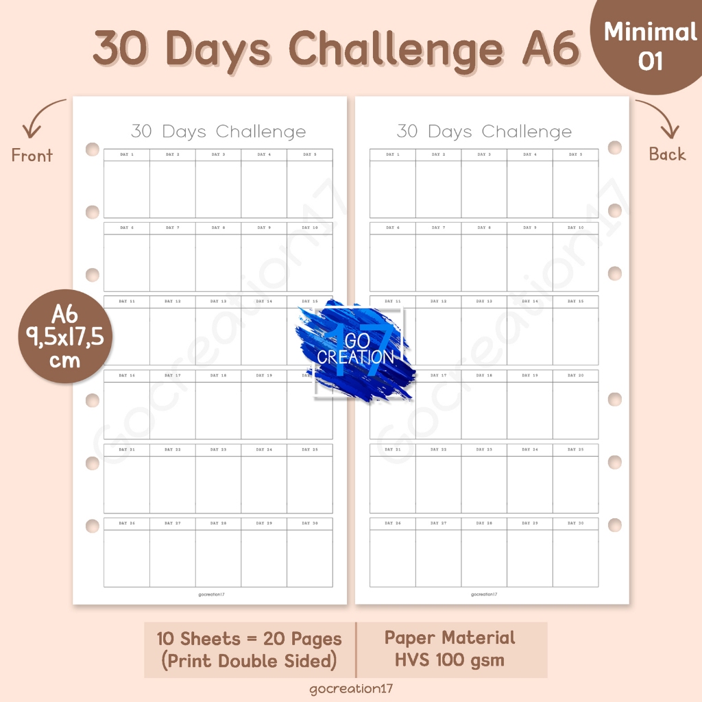 

Buku Planner Refill Kertas Isi Binder 30 Days Challenge Simple Minimalis A6