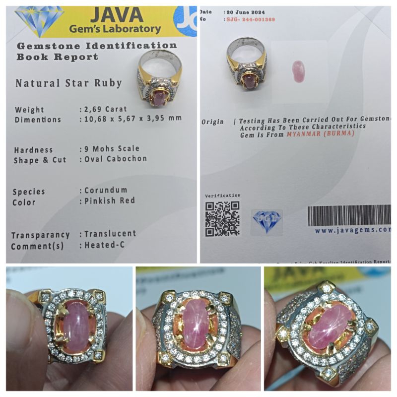 Natural Star Ruby Burma 2,6 ct Translucent memo JGL Ring Perak chrom