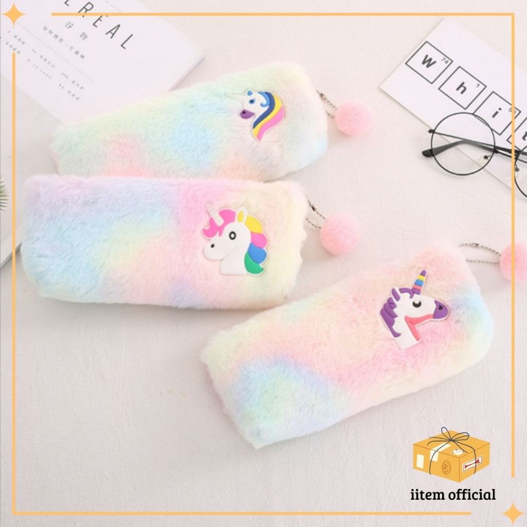 

Kotak Pensil Bulu Unicorn Logo Tempat Wadah Pensil Kostak Pouch makeup Pencil Case Little Pony