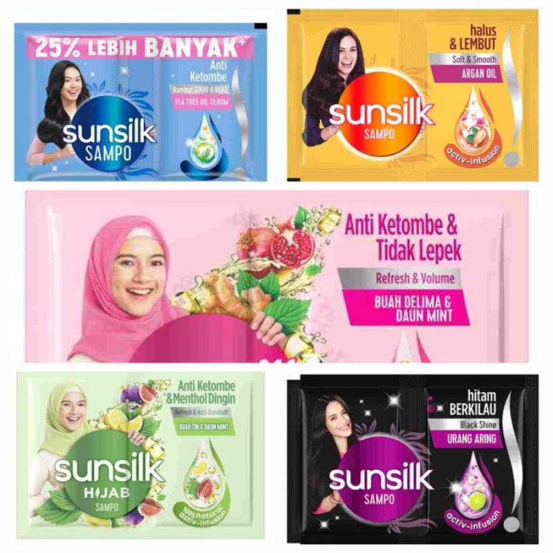 SUNSILK SHAMPO/KONDISONER SACHET HIJAB  HALUS DAN LEMBUT/HITAM BERKILAU/ANTI KETOMBE 1RENCENG 12 SAC