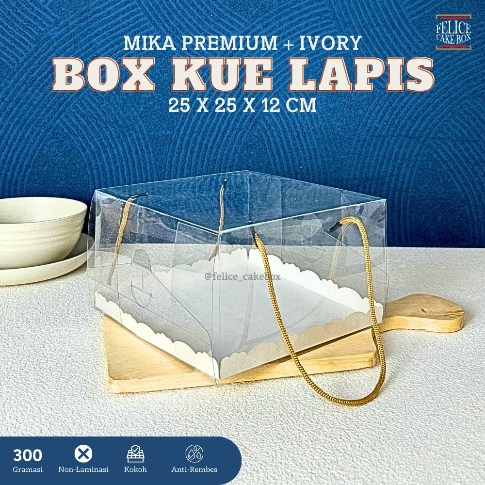 BOX BOLU LAPIS MIKA HANDLE TALI PREMIUM 25X25X12 CM / DUS KUE MIKA TRANSPARANT TALI / DUS TENTENG MI