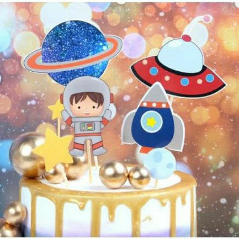 Cake topper bahan kertas tema astronot astronout galaksi galaxy luar angkasa space roket rocket tope