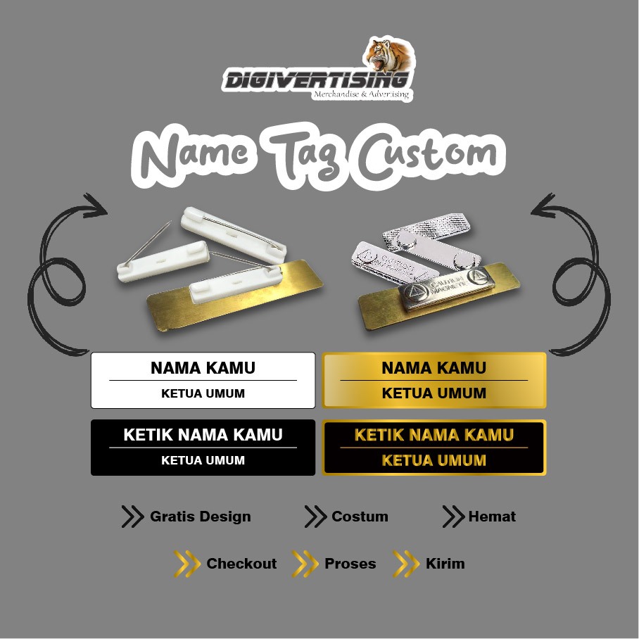 NameTag/Nama Dada Kuningan Resin/Akrilik/Peniti/Magnet Custom Free
