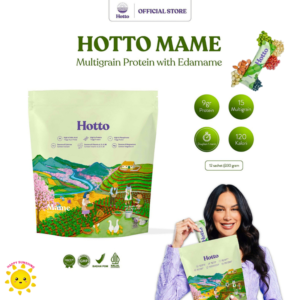 

HOTTO MAME 1 Pouch isi 12 Sachet Multigrain Protein with Edamame Isolate Whey Prebiotik Oat Beta Glucan Diet Sehat Sereal Kacang Kedelai Jepang Ubi Ungu Purple Potato Organik PURTO Malt Rendah Kalori BPOM HALAL