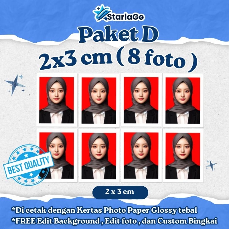 

STARLAGO CETAK FOTO FORMAL UKURAN FOTO 2X3 cm FOTO 3x4 cm FOTO 4X6 cm Bahan Kertas Foto Profesional Glossy Tebal untuk keperluan administratif