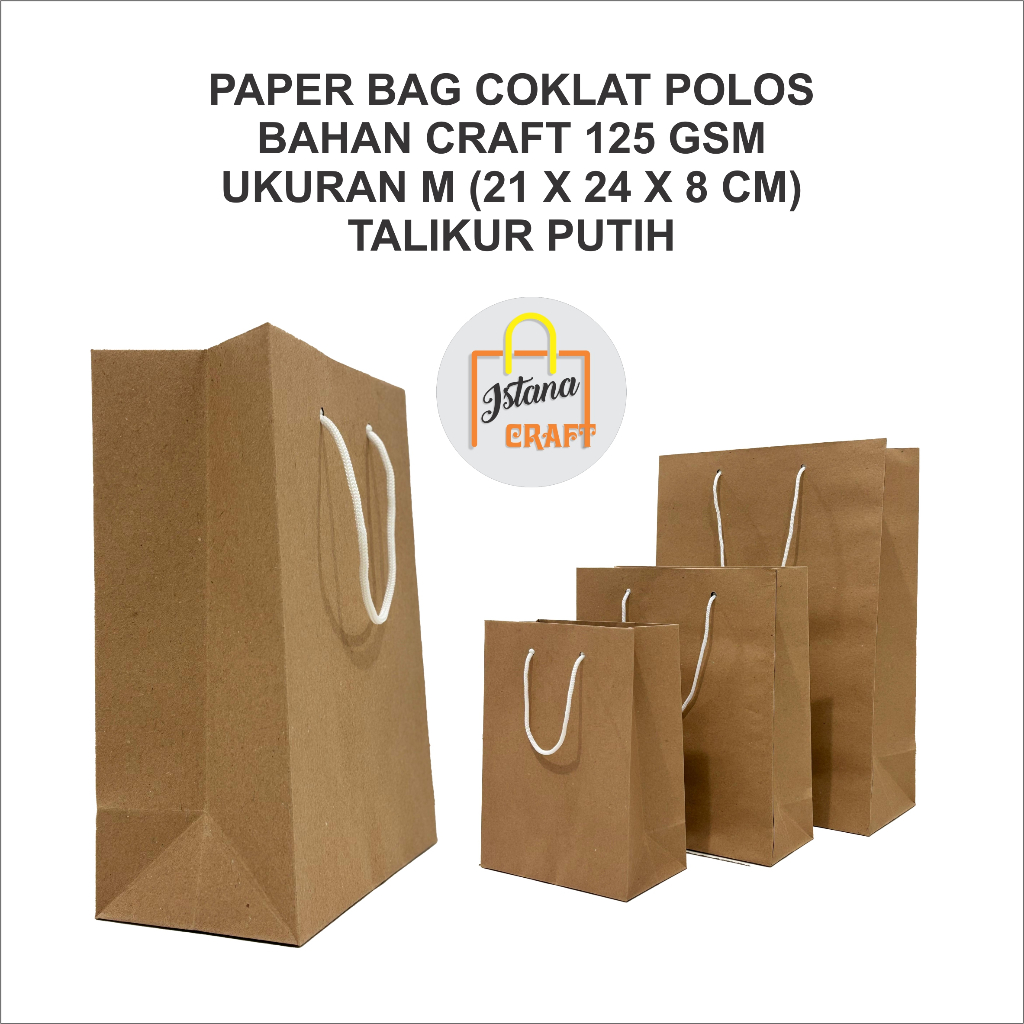 

Isi 12 Paper Bag Cokelat Polos Kertas Kraft Tebal 125 gsm Talikur Putih Ukuran M (24 X 21 X 8)