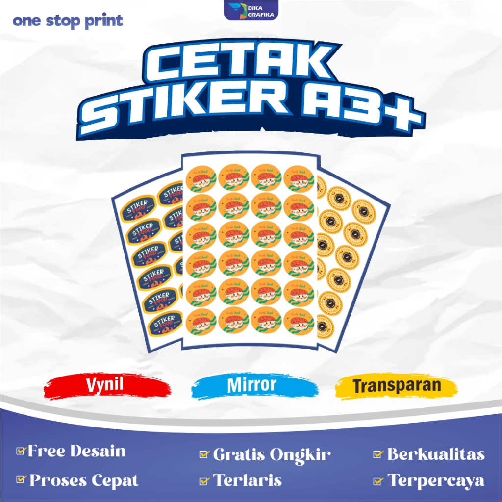

Cetak Stiker Label Anti Air A3+ Sticker label makanan Stiker Grosir Vinyl A3