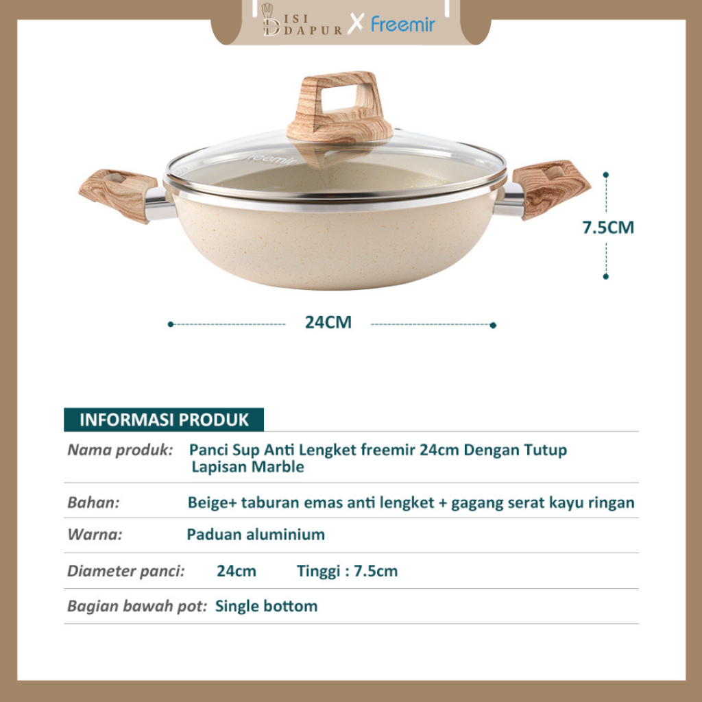 Exclusive freemir Wajan Panci Kuping 24cm Beige Penggorengan Anti Lengket Multifungsi