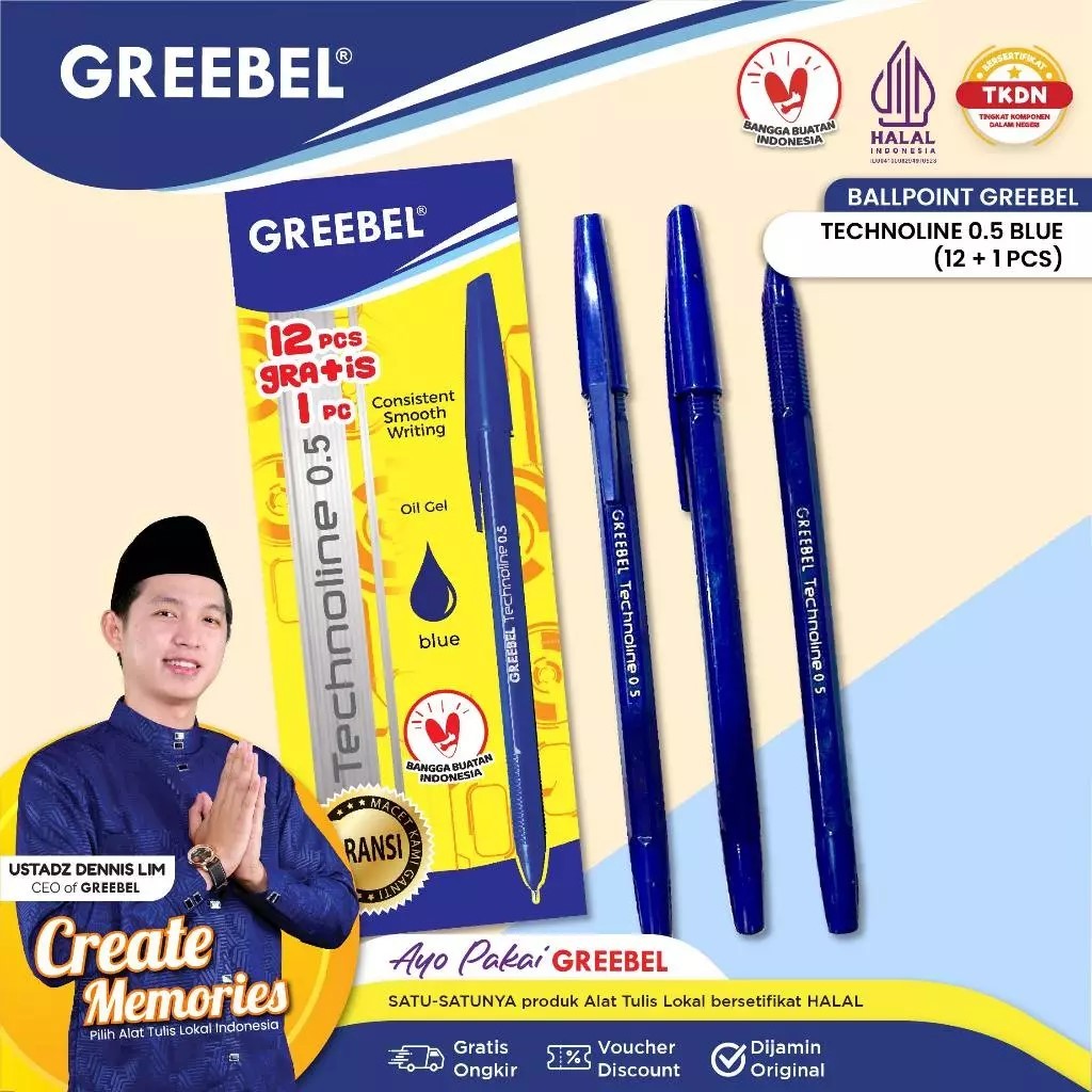 

GREEBEL Pulpen Ballpoint / Technoline 0.5 Biru (12 PCS/SET) / Pulpen Greebel / Pena / Ballpen