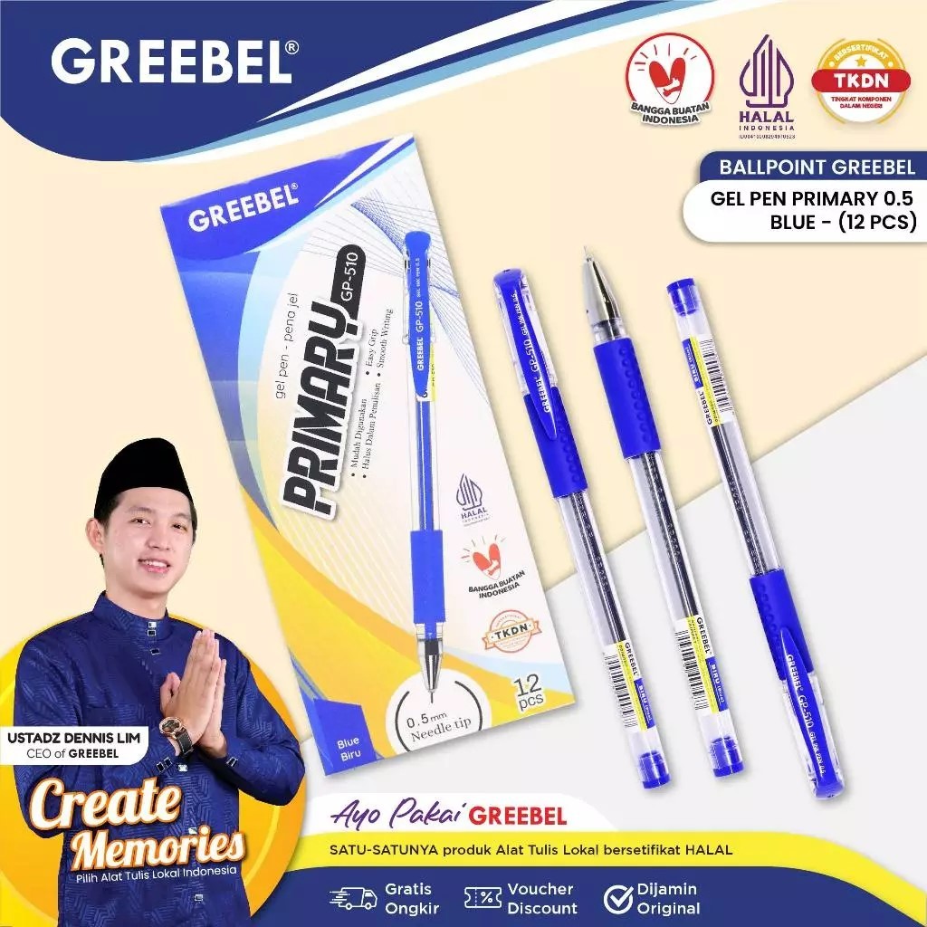

GREEBEL Pulpen Gel Pen Gel (GP-510 Primary 0.5 Blue) Pulpen Greebel / Ballpoint / Ballpen Gel