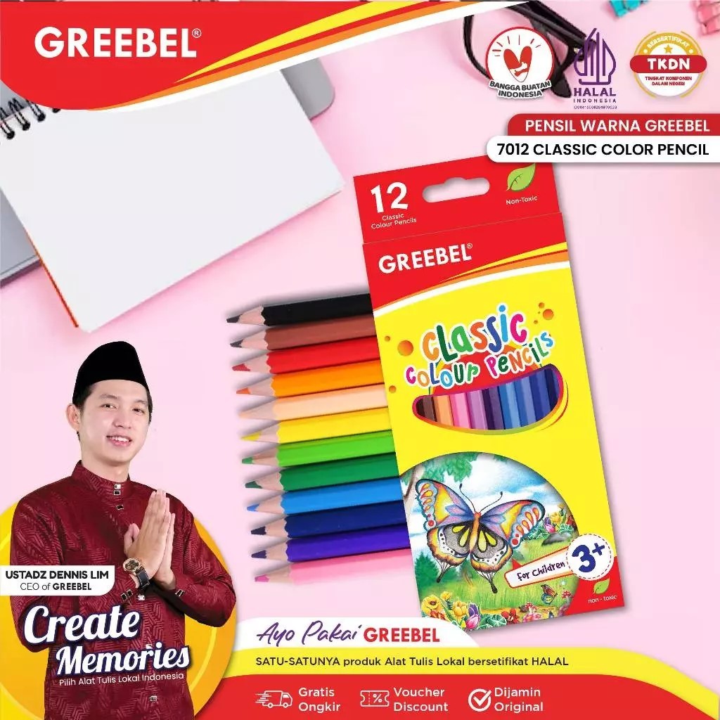 

GREEBEL Pensil Warna 12 Warna Panjang (7012) Classic Color Pencils Greebel 12