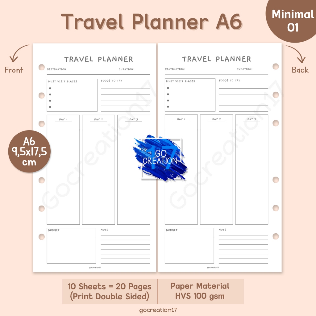 

Buku Planner Refill Kertas Isi Binder Travel Planner Simple Minimalis A6