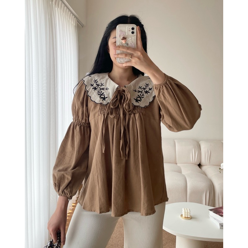 ESKA - Imelda Blouse Blus Atasan Korean Style Linen Bordir Kerut Embroidery Mewah Terbaru Kekinian L